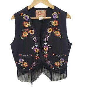 JouJou Boho Embroidered Floral Fringed Open Vest